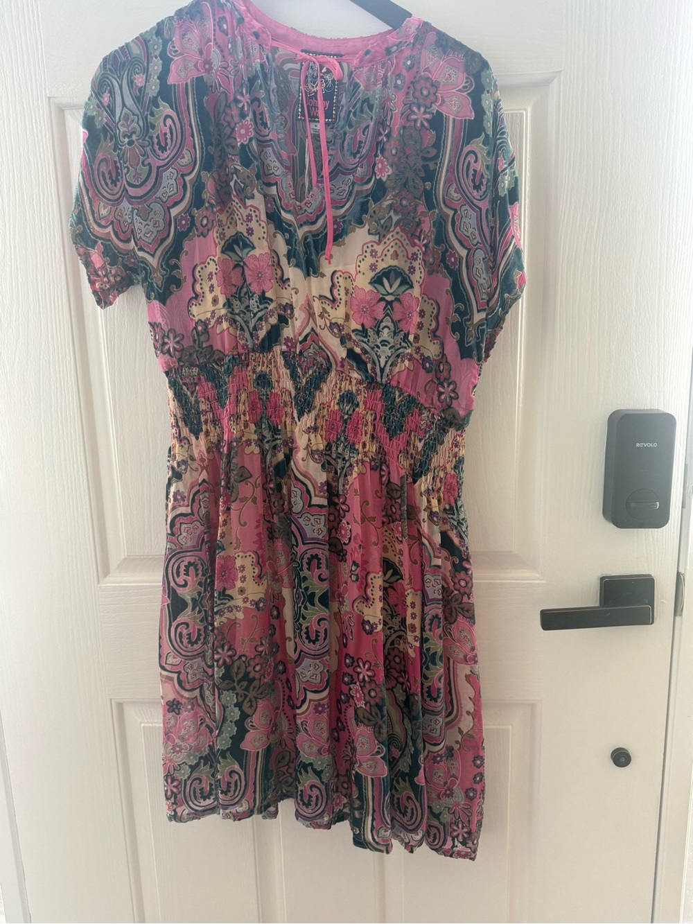 Johnny Was Pink and Teal Paisley Tie-Neck dress